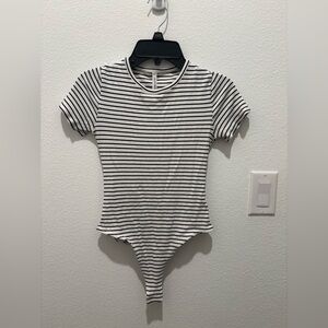 Lulu's Kinship Ribbed Black and White Striped Bodysuit Small